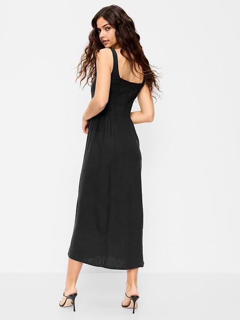 fit & flare sleeveless linen blend midi dress Donna Karan Women's Mix Media Scoop Neck - Canyon/Cream Blend Dress Sleeveless Black Fit And Flare