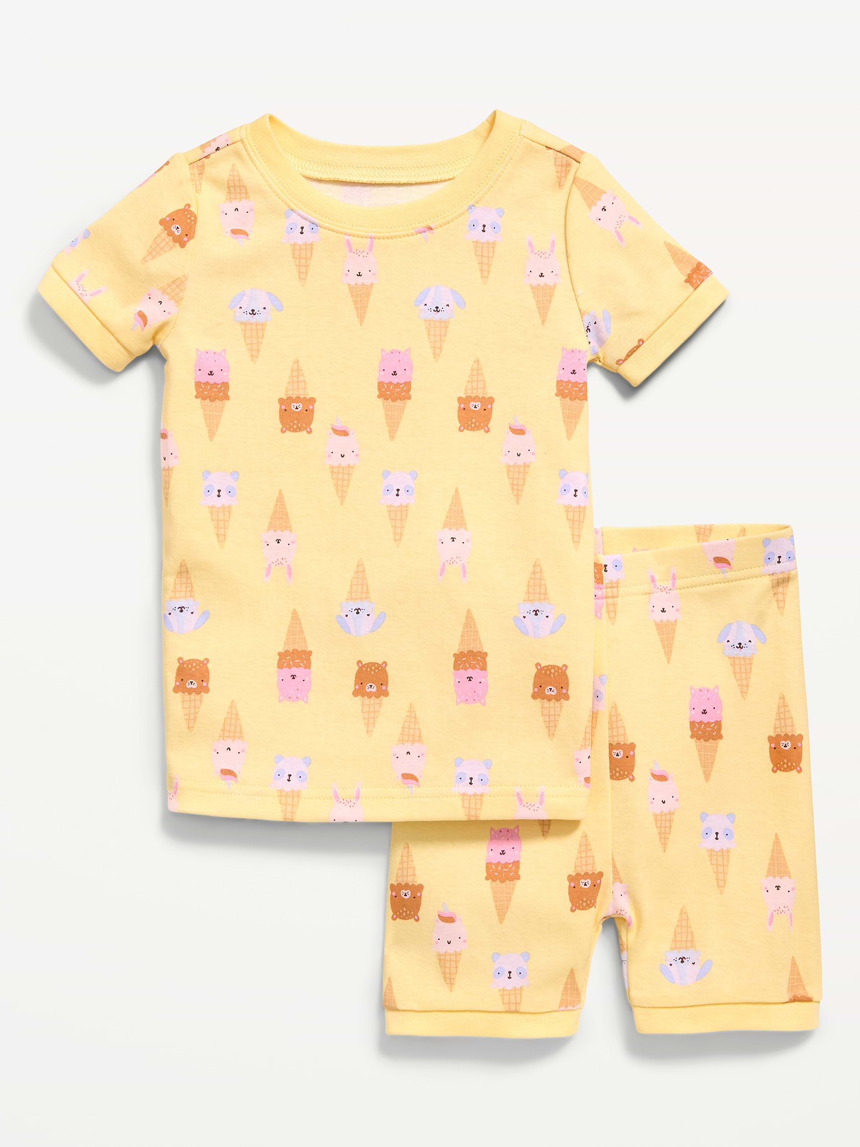 Image 1 of 1, rib-knit crew neck, short sleeves, matching pajama shorts, elasticized waist, rib-knit cuffs, all-over print, Product #862196