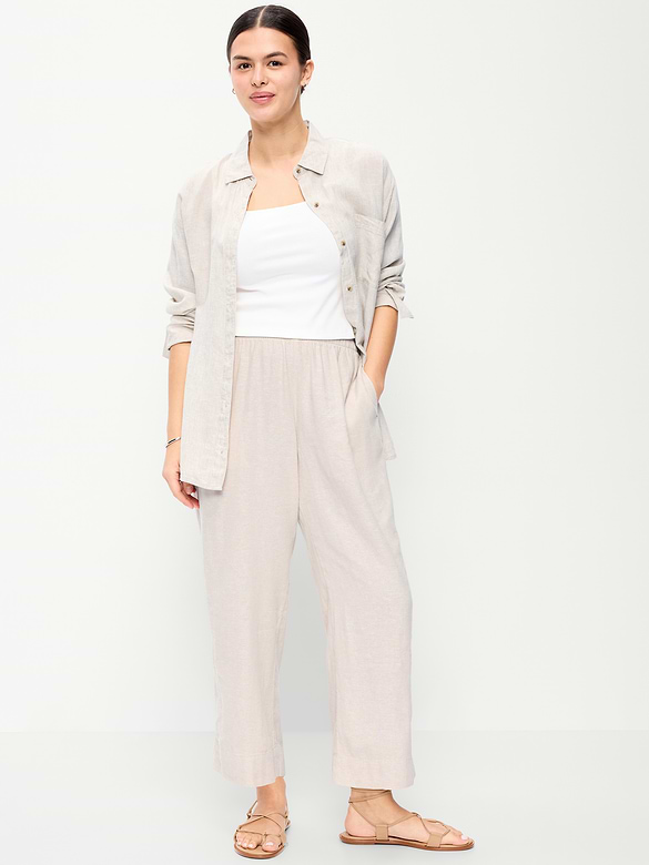 High-Waisted Linen-Blend Straight Ankle Pants