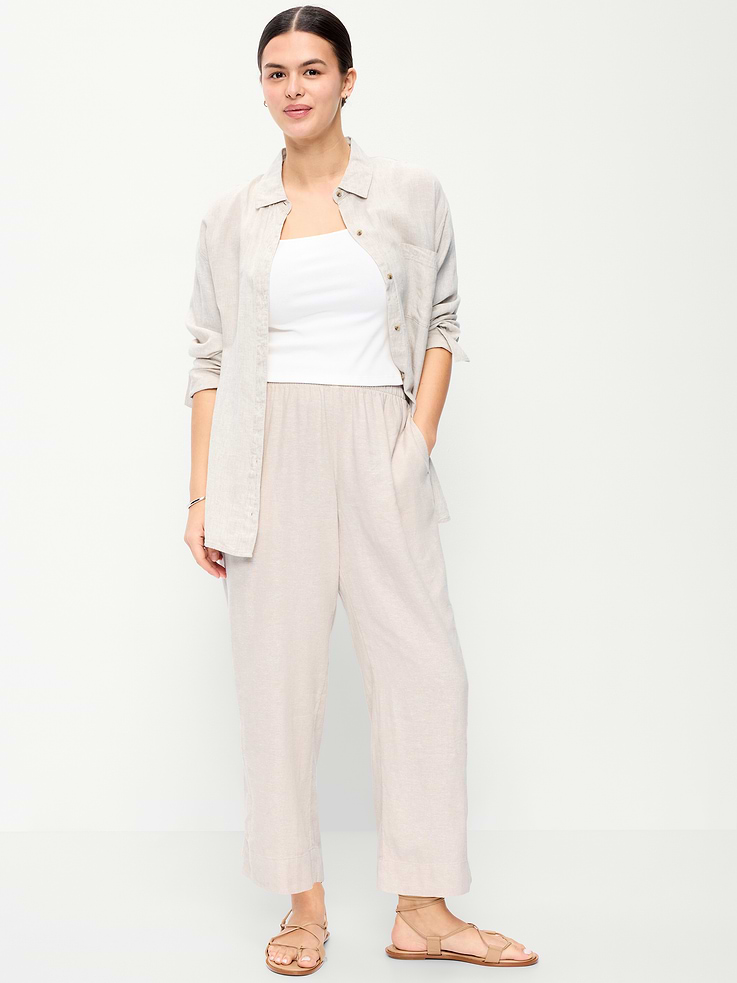 Image number 7 showing, High-Waisted Linen-Blend Straight Ankle Pants