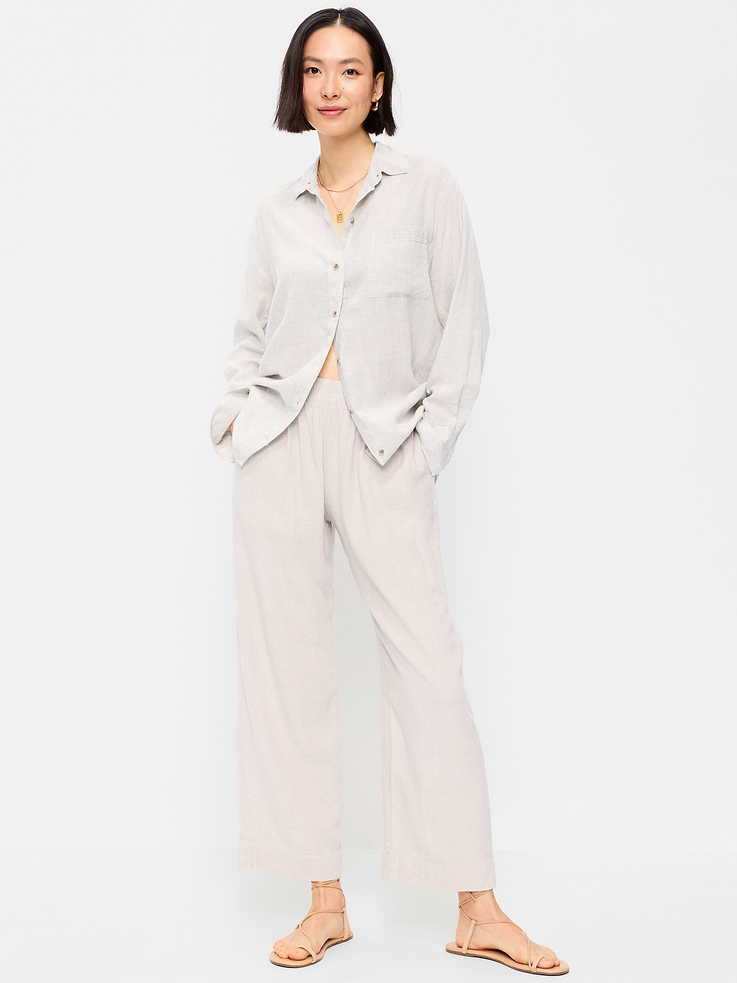 Image number 1 showing, High-Waisted Linen-Blend Straight Ankle Pants