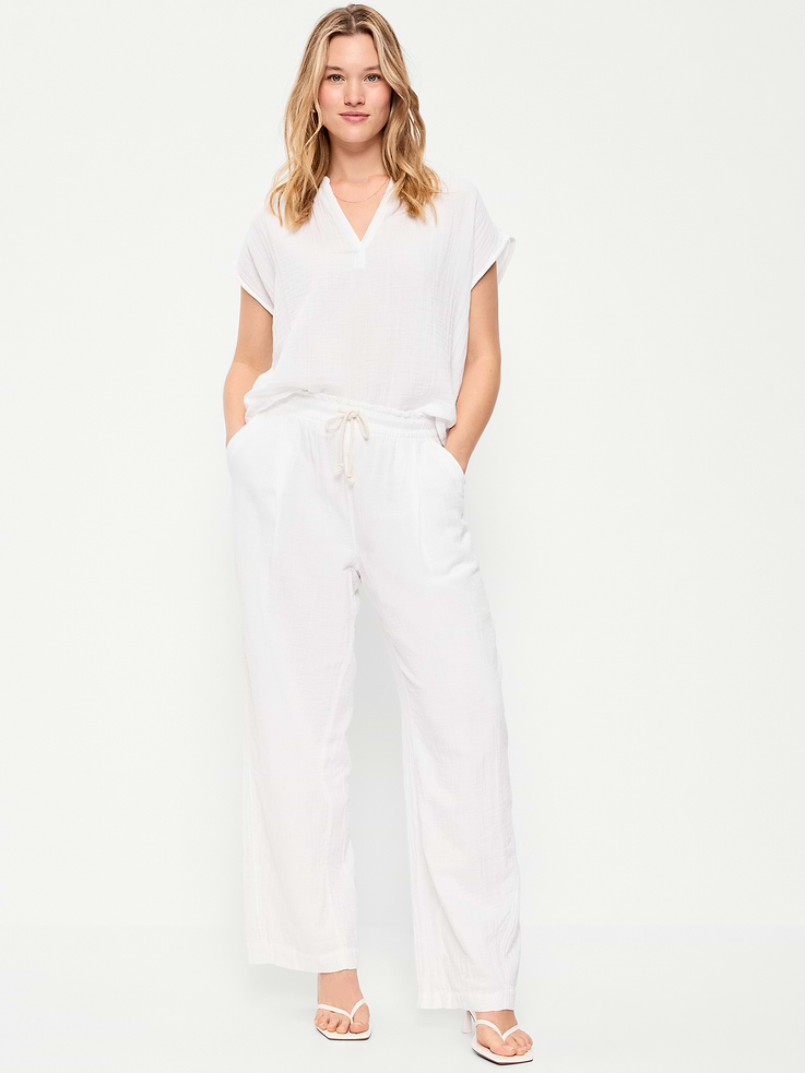 Image number 5 showing, High-Waisted Crinkle Gauze Barrel Ankle Pants