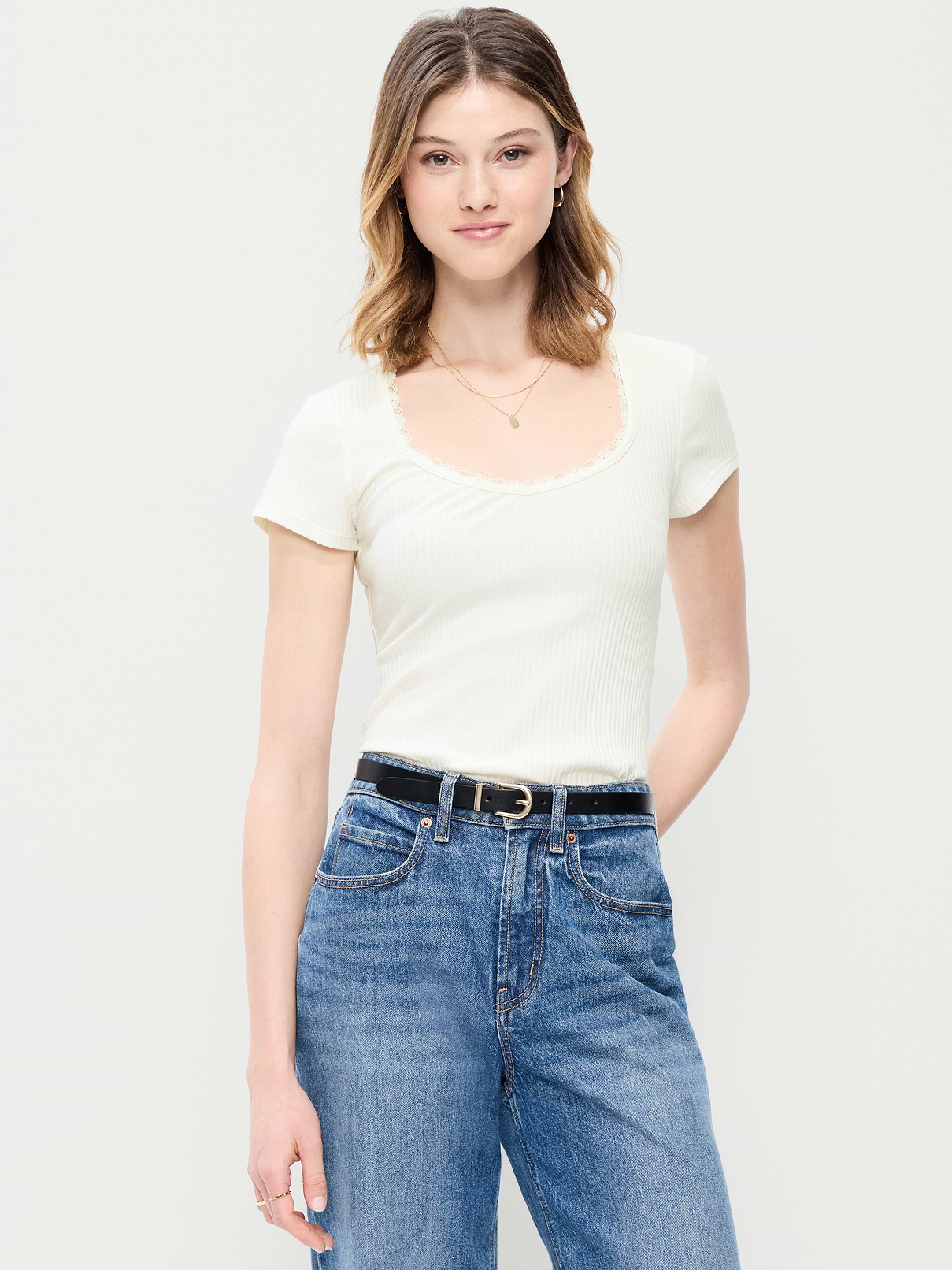 Lace-Trim Sweetheart-Neck Ribbed Top