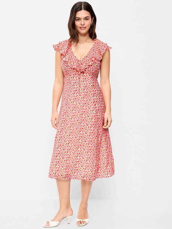 Ruffle-Sleeve Fit & Flare Midi Dress