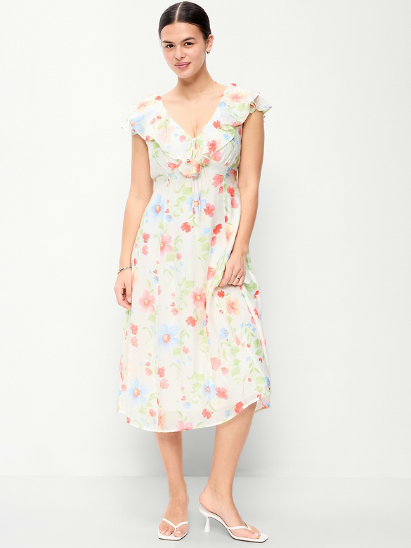 Ruffle-Sleeve Fit & Flare Midi Dress