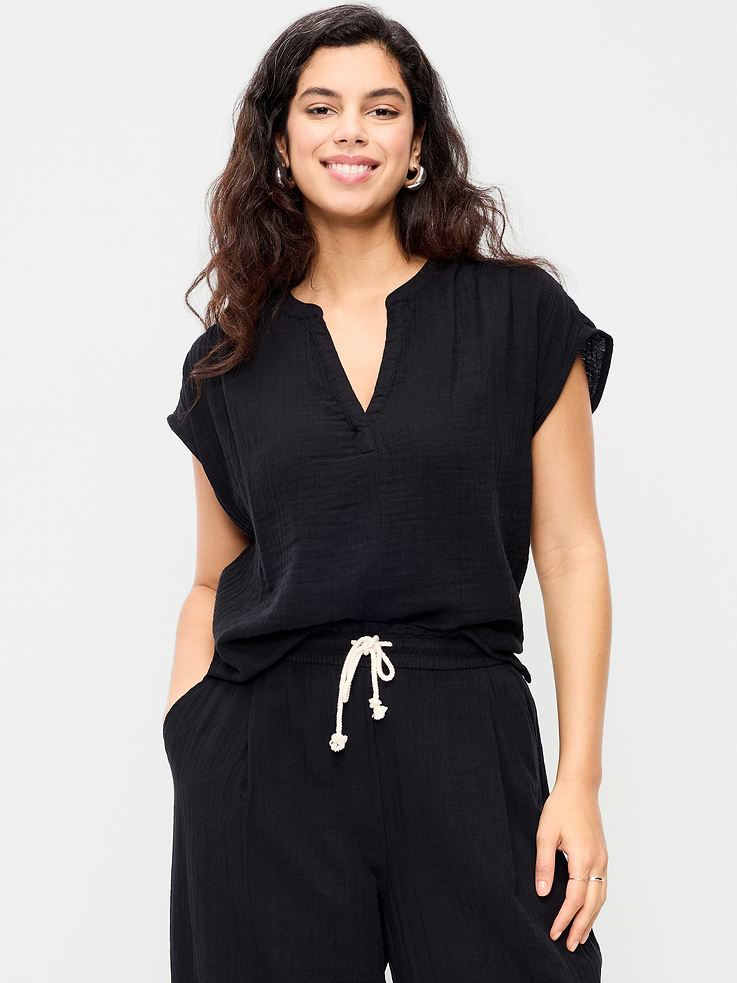 Image number 4 showing, Short-Sleeve Crinkle Gauze Popover Top