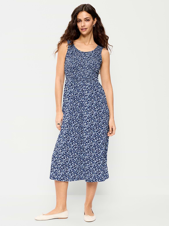 Fit & Flare Lightweight Smocked-Bodice Midi Dress