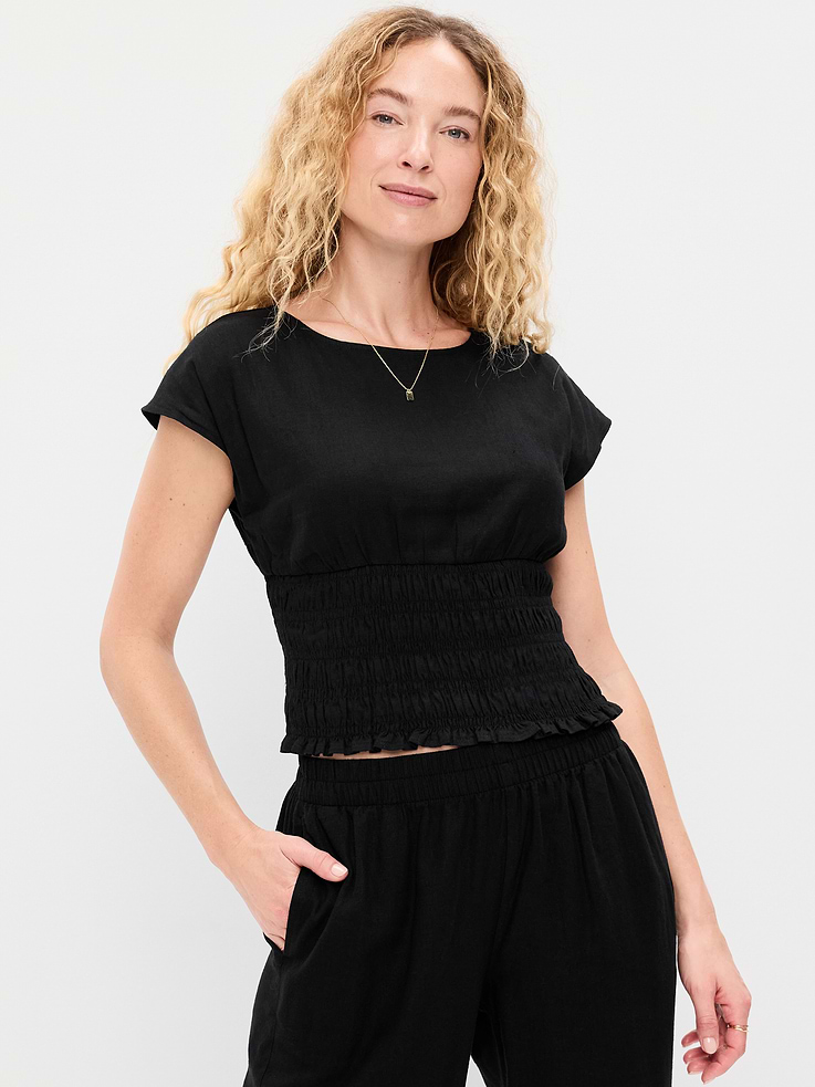 Image number 1 showing, Linen-Blend Short-Sleeve Smocked Top