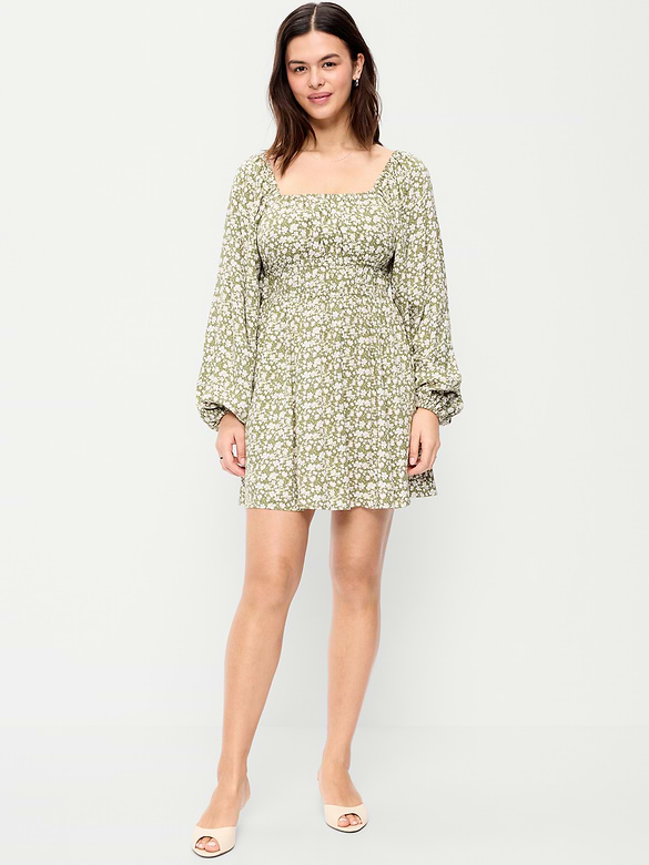 Long-Sleeve Square-Neck Mini Dress