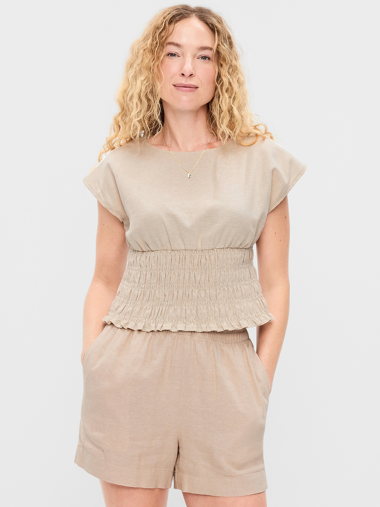 Linen-Blend Short-Sleeve Smocked Top | Old Navy