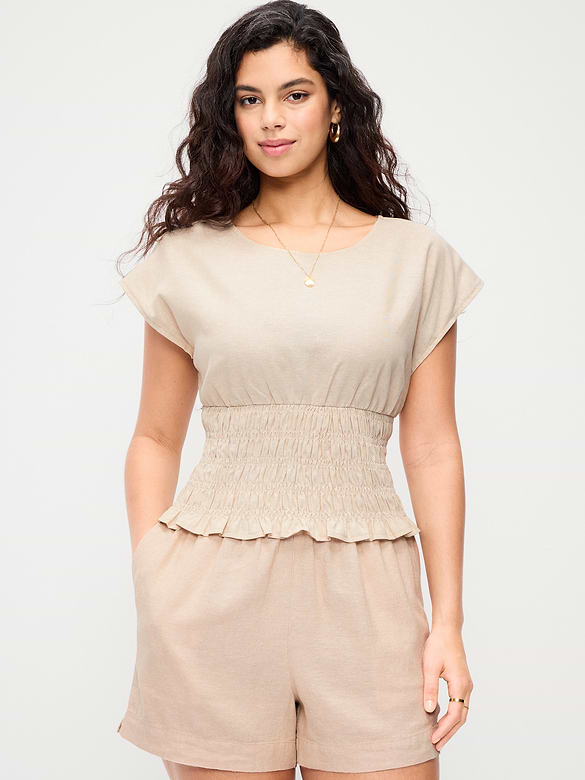 Linen-Blend Short-Sleeve Smocked Top