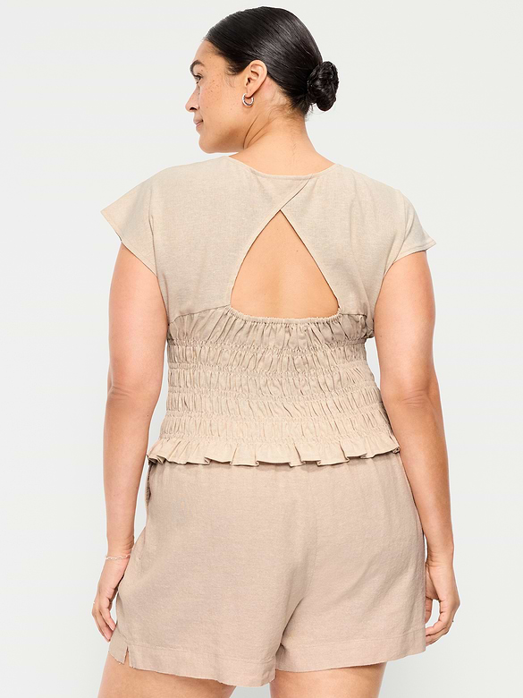 Linen-Blend Short-Sleeve Smocked Top