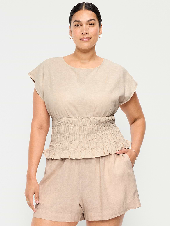 Linen-Blend Short-Sleeve Smocked Top