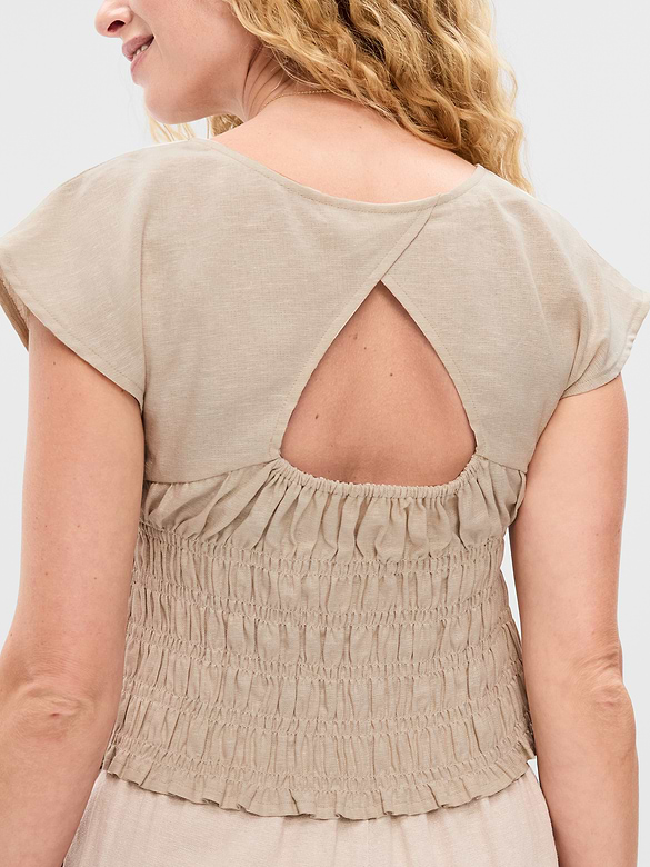 Linen-Blend Short-Sleeve Smocked Top