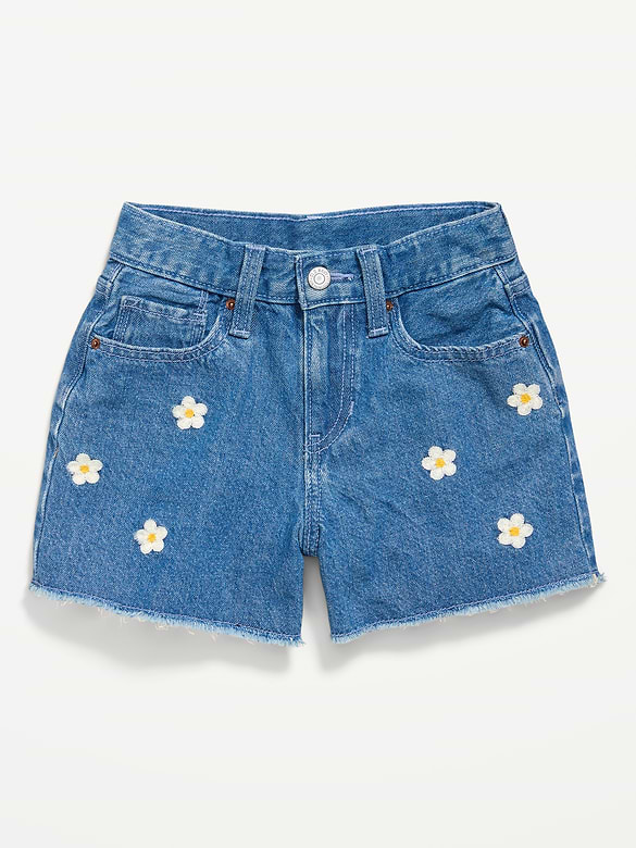 High-Waisted Embroidered Frayed-Hem Jean Shorts for Girls