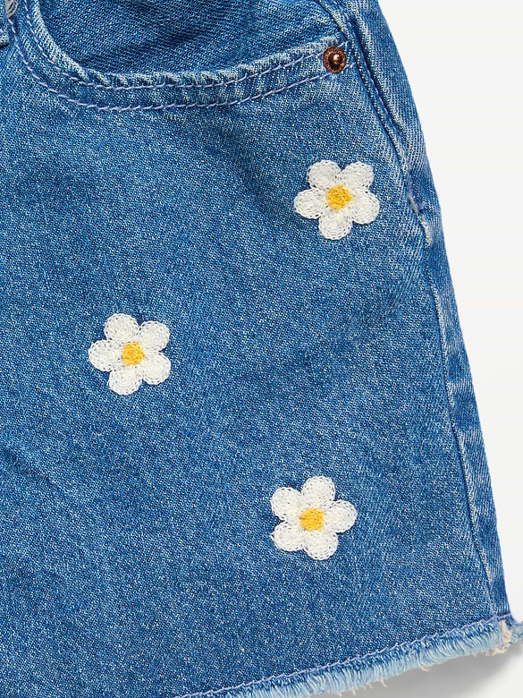 High-Waisted Embroidered Frayed-Hem Jean Shorts for Girls