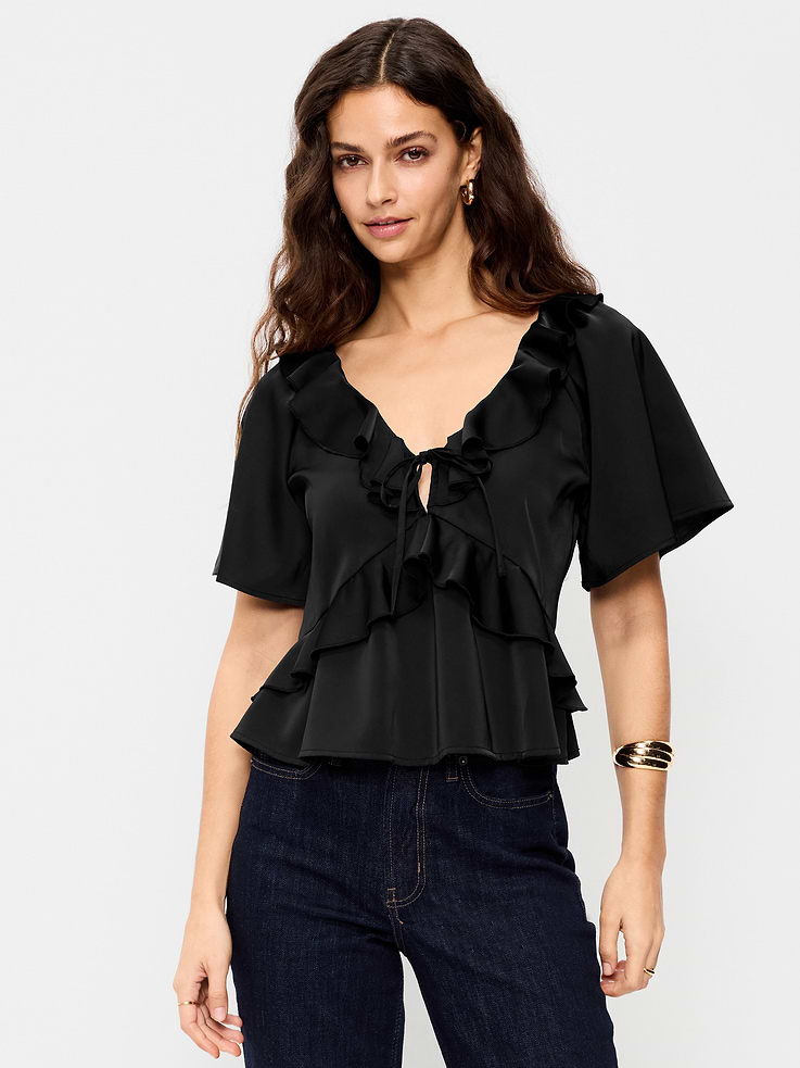 Image number 1 showing, Satin Ruffle Tie-Front Top