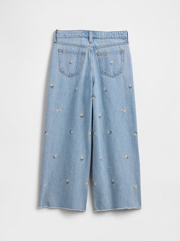 Kids High Rise Embroidered Wide-Leg Jeans