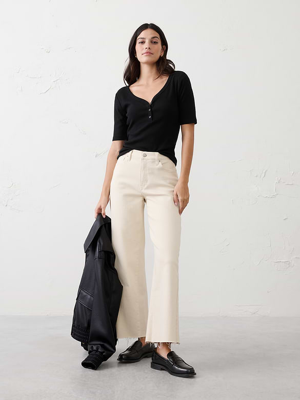 Ribbed Elbow-Sleeve Henley T-Shirt