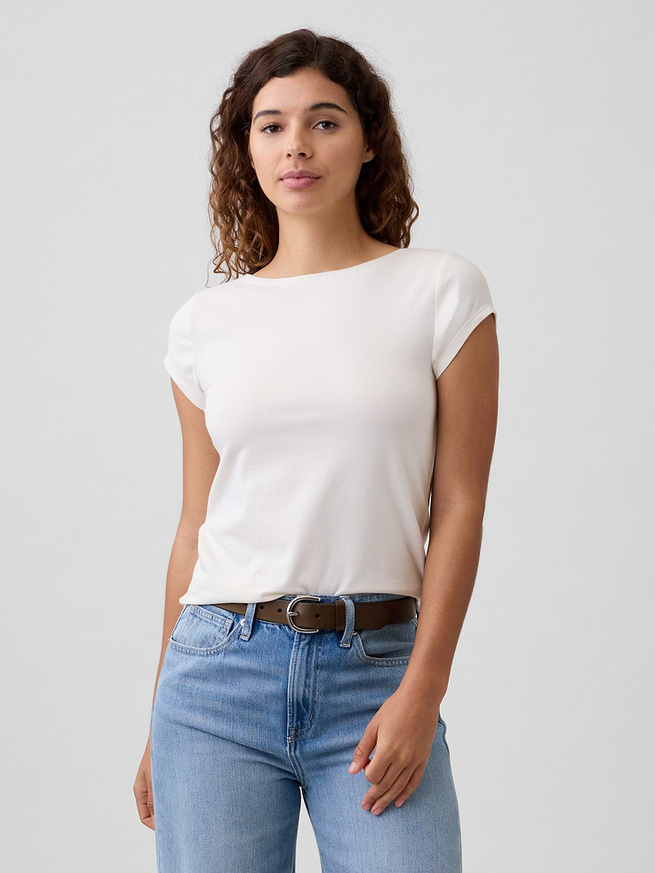 Image 1 of 5, Stretch jersey knit., Cap sleeves., Boatneck., This product was made in a factory that invests in gender equity and women’s empowerment through RISE. Learn more at, Product #1172513