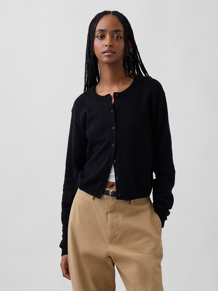 Image number 1 showing, 100% Cotton Relaxed Crop Cardigan Sweater