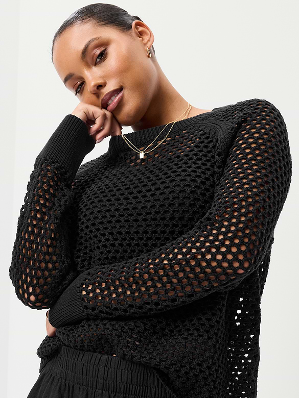 Seaside Cotton Open-Knit Raglan Sweater