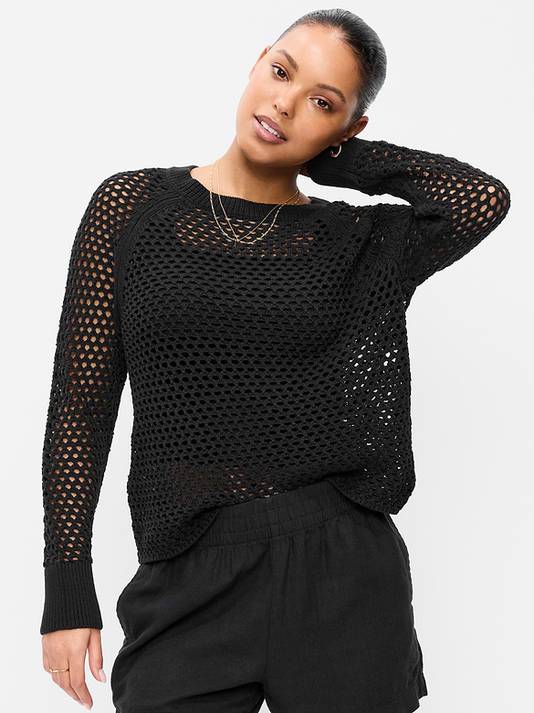 Seaside Cotton Open-Knit Raglan Sweater