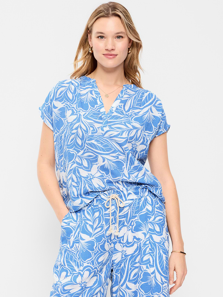 Image number 5 showing, Short-Sleeve Crinkle Gauze Popover Top