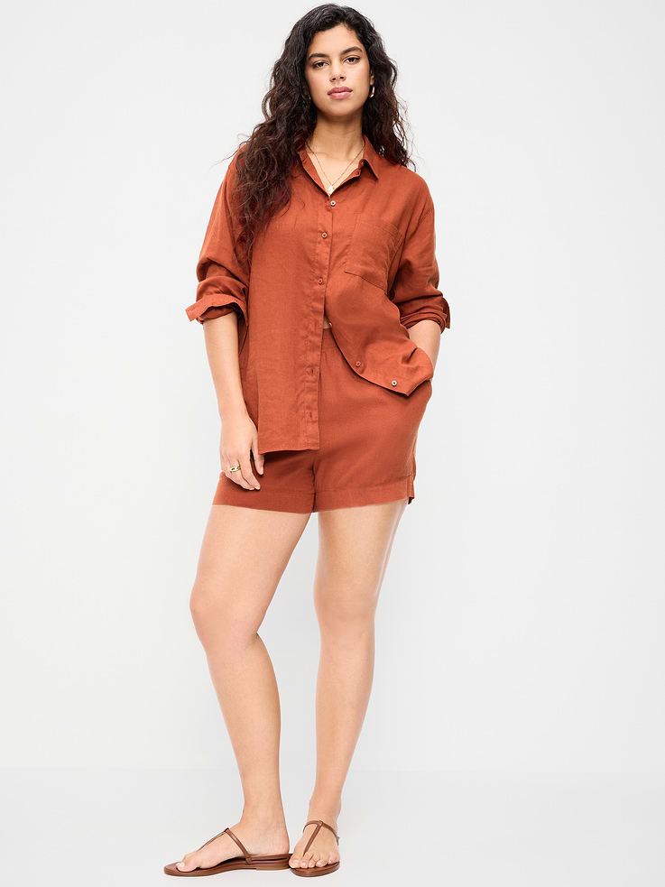 Image number 5 showing, High-Waisted Beach Linen Pull-On Shorts