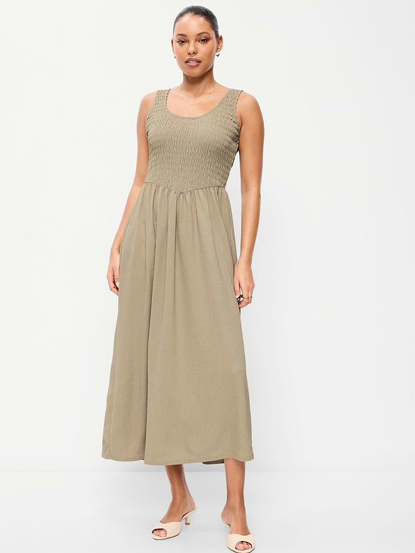 Fit & Flare Lightweight Smocked-Bodice Midi Dress