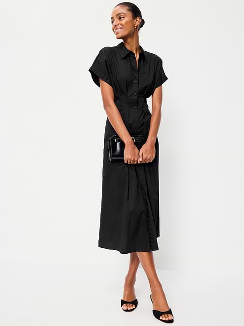 midi shirt dress short sleeve Women's Make It Look Easy Pink | Size: M tie belt defines the waist for a flattering drape Donna Karan Women's Short Sleeve