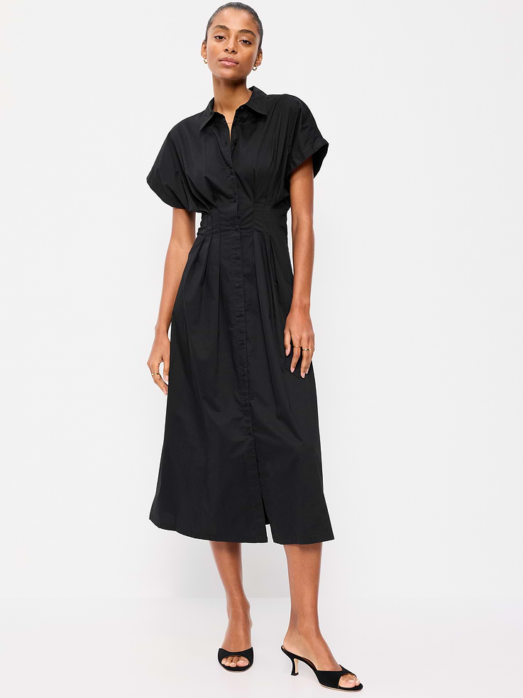 Image number 1 showing, Pintuck-Waist Midi Shirt Dress