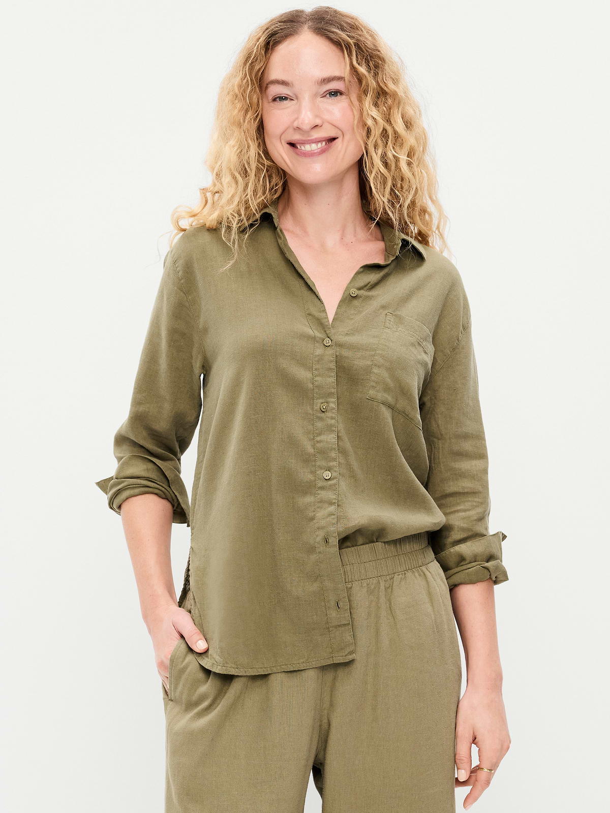 Linen-Blend Loose Button-Down Shirt