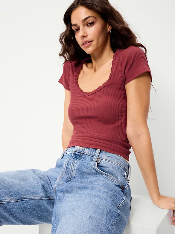 Lace-Trim Sweetheart-Neck Ribbed Top