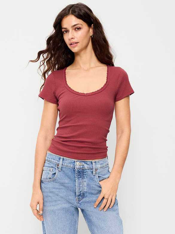 Lace-Trim Sweetheart-Neck Ribbed Top