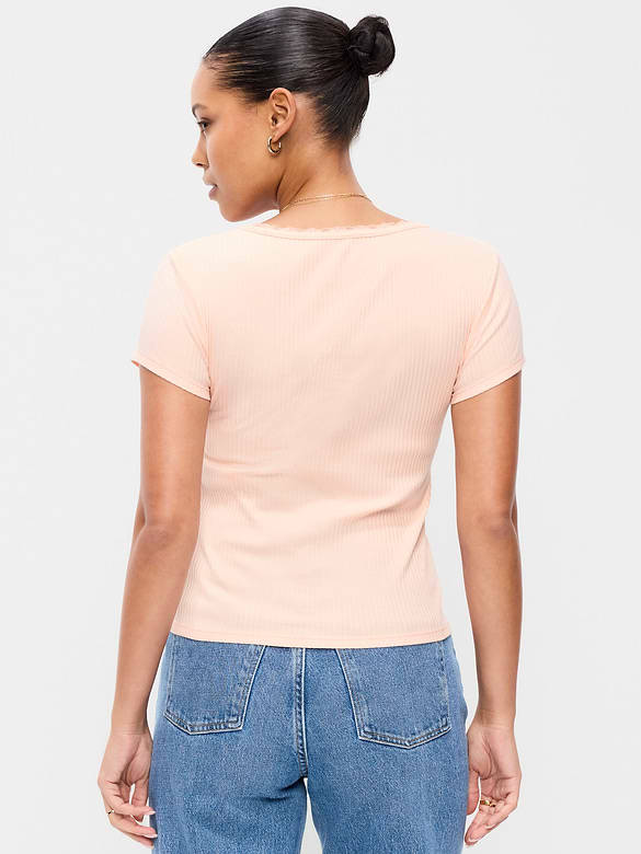 Lace-Trim Sweetheart-Neck Ribbed Top