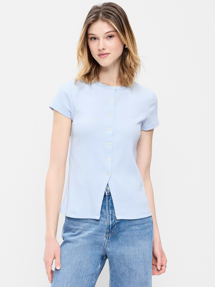 Image number 1 showing, Short-Sleeve Ribbed Button-Down Top