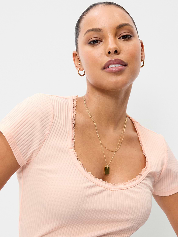 Lace-Trim Sweetheart-Neck Ribbed Top