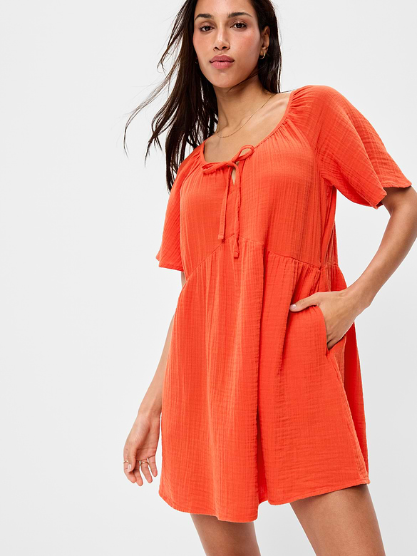 Crinkle Gauze Flutter-Sleeve Mini Swing Dress