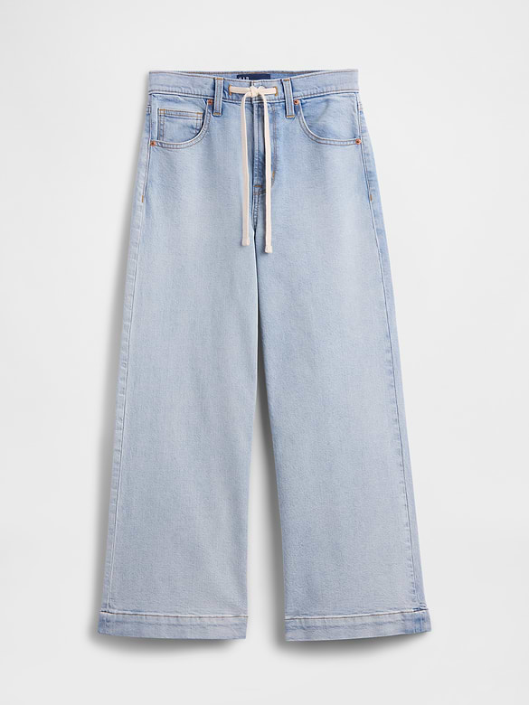 High Rise Drawstring Wide-Leg Crop Jeans