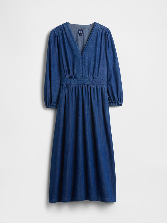 Denim Pieced-Waist Midi Dress
