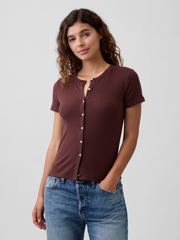 Image number 1 showing, Ribbed Button-Up Top