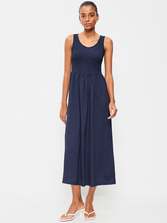 Fit & Flare Lightweight Smocked-Bodice Midi Dress