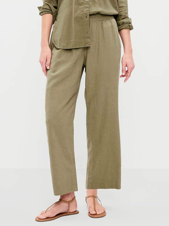 High-Waisted Linen-Blend Straight Ankle Pants