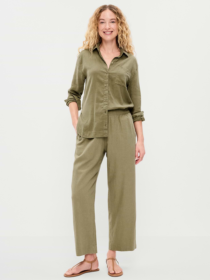 Image number 1 showing, High-Waisted Linen-Blend Straight Ankle Pants