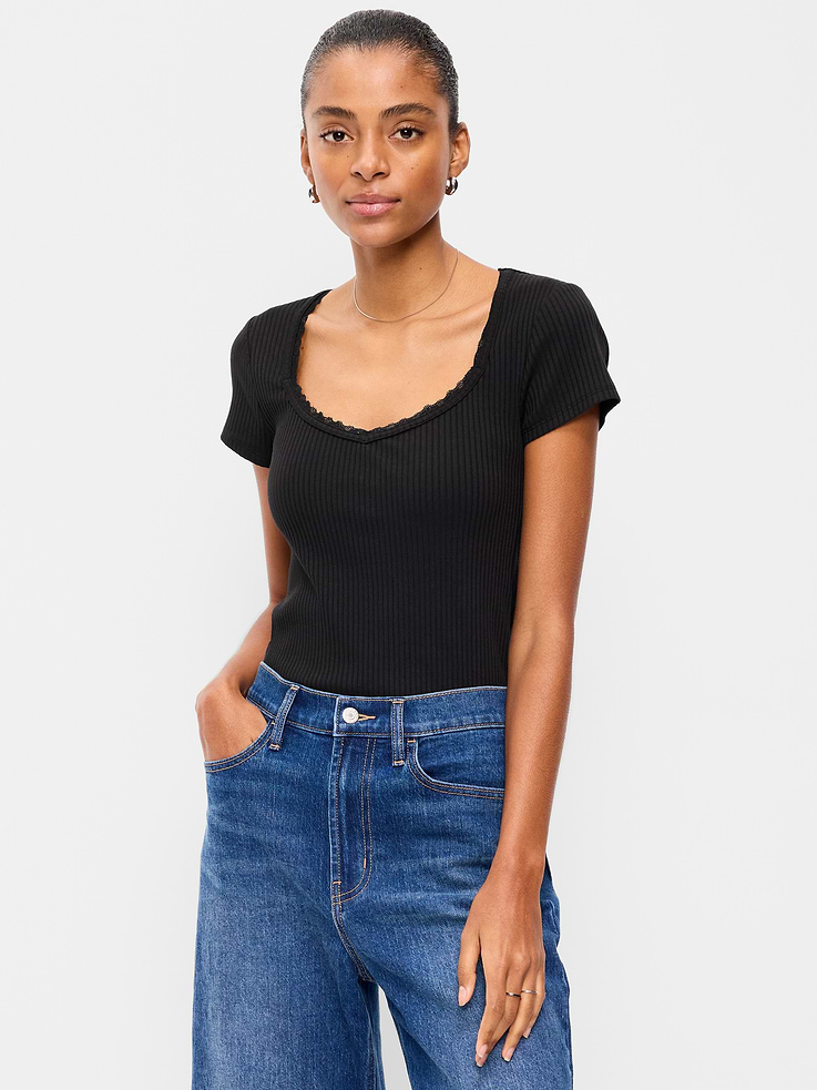 Image number 1 showing, Lace-Trim Sweetheart-Neck Ribbed Top