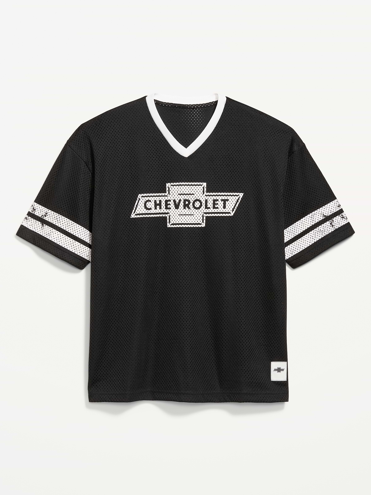 Licensed Graphic Cropped Mesh V-Neck T-Shirt