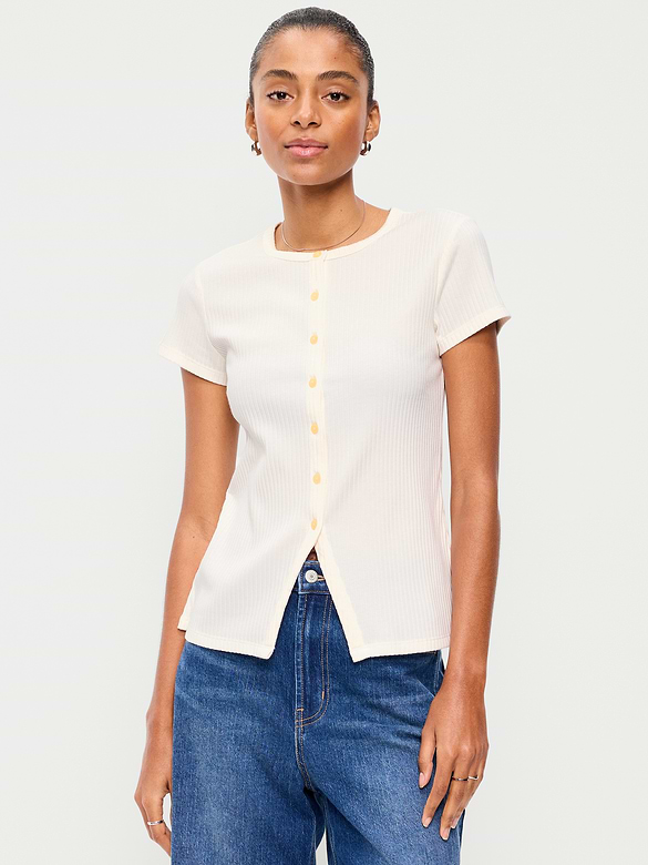 Short-Sleeve Ribbed Button-Down Top