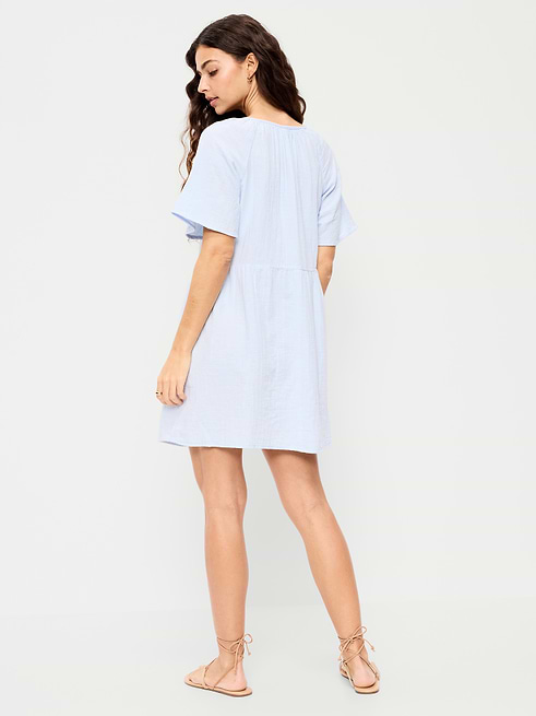 short sleeve dress blue Women's Bailee Performance 100% Polyester Knit 39.00 Top Of Shoulder To Hem Model is 59.5 / 177cm Your dress should be a perfect fit. Crinkle Gauze Flutter-Sleeve Mini Swing