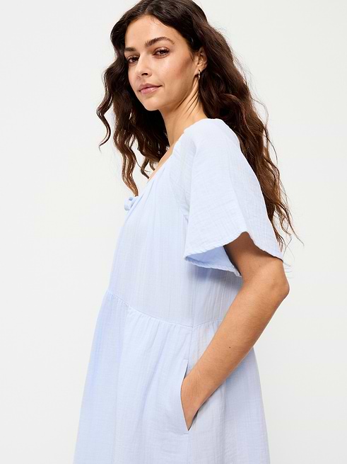 swing dress Baudelaire in Oxblood white gingham thats impossible to resist Crinkle Gauze Flutter-Sleeve Mini Swing